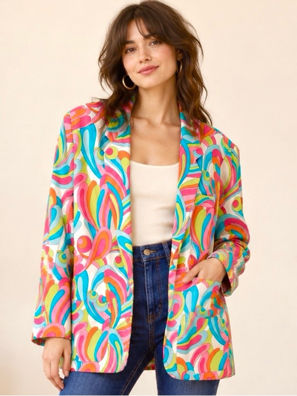 Vintage Lillie Rubin 100% Silk Abstract Psychedelic Swirl Blazer Jacket – Size 8